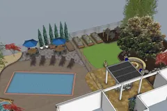 Overhead 3D model of a backyard with a pool, dining patio, raised beds, lawn, and covered seating