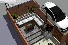 3D model of a compact deck with privacy walls, corner seating, and planting beside a parking space