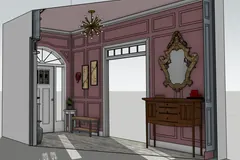 3D model of a foyer with paneled walls, a console cabinet, mirror, bench, and ceiling light