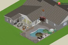 3D model of a house addition with tall glazing opening toward a patio and pool