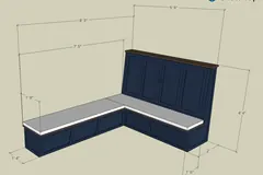 Dimensioned 3D drawing of a corner kitchen bench with cabinets above and below the seating
